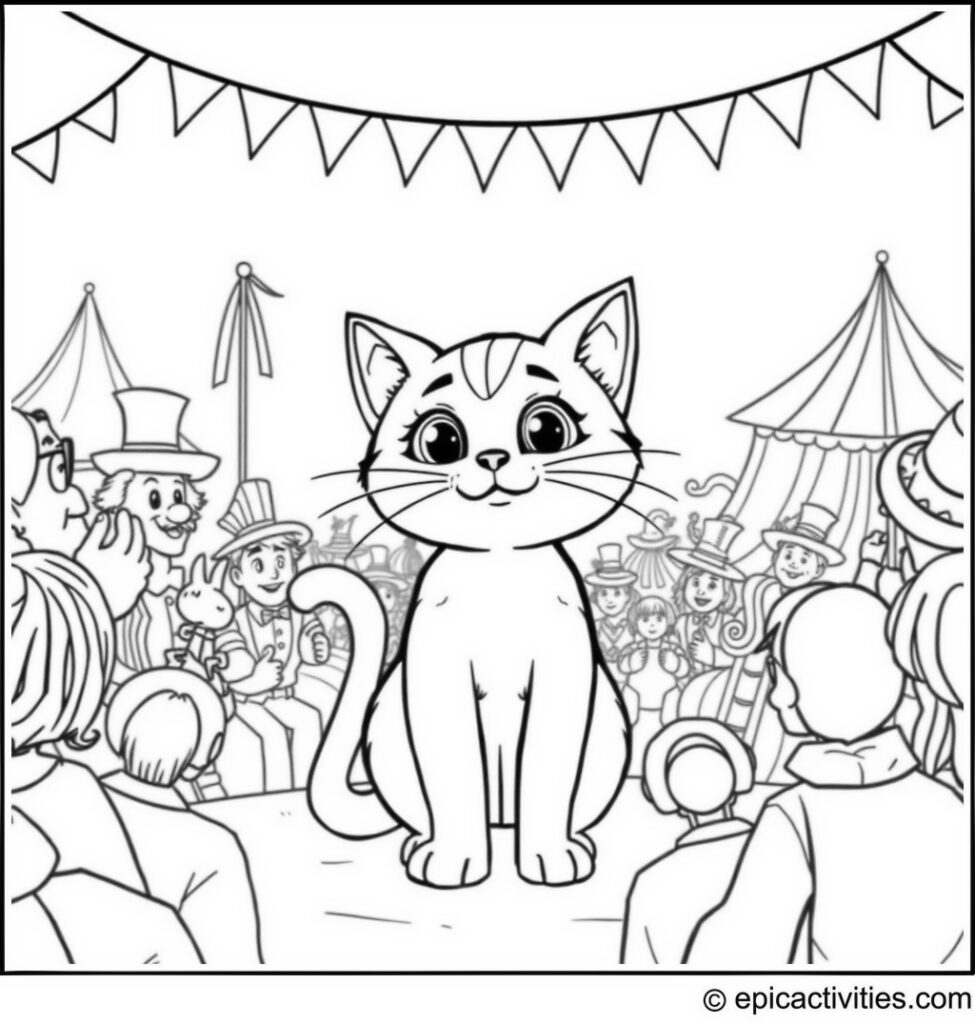 Coloring page of a cute cartoon cat at the circus with spectators and performers