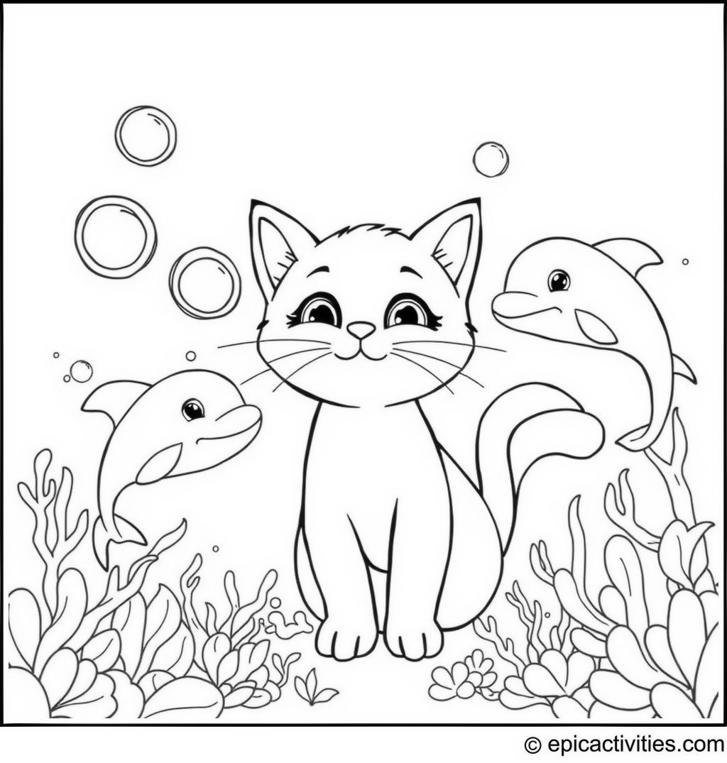Coloring page of a cute cartoon cat blowing bubbles with dolphin friends in a whimsical ocean