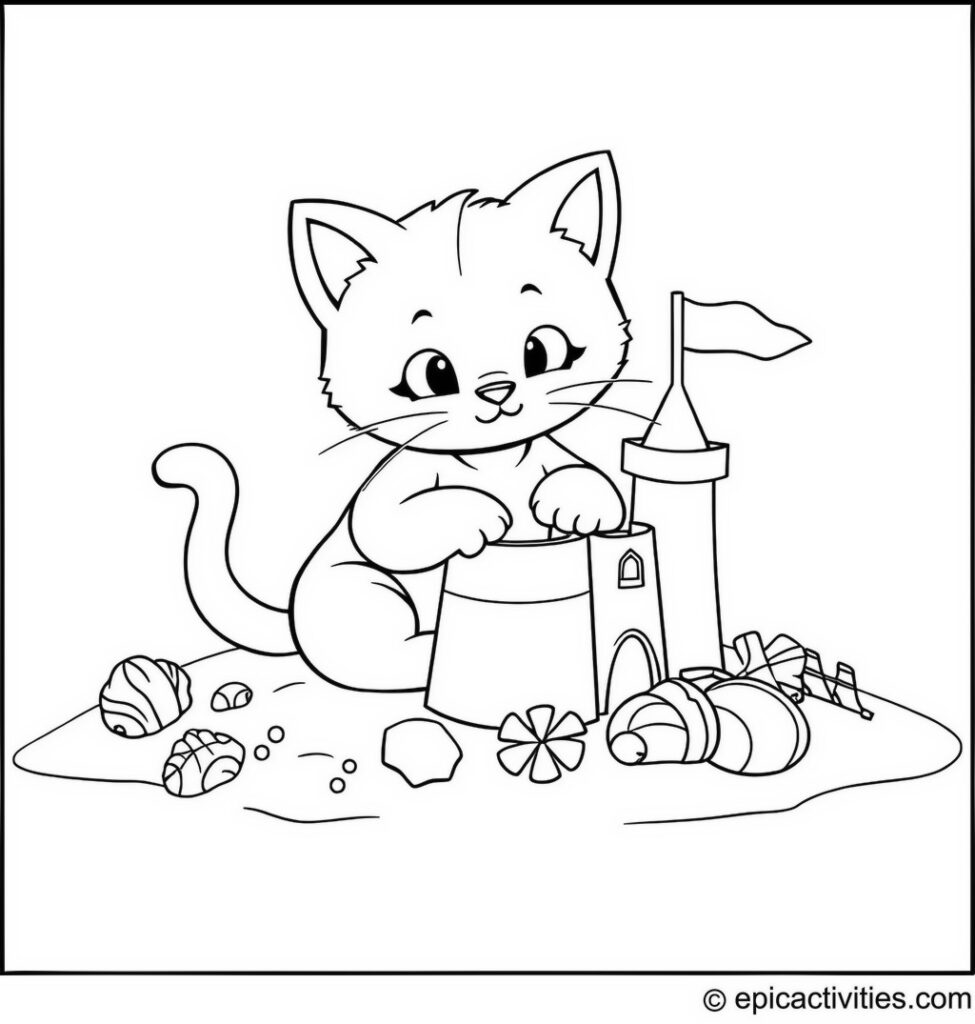 Coloring page of a Cute Cartoon Cat Building a Sandcastle with Seashells and Treasure