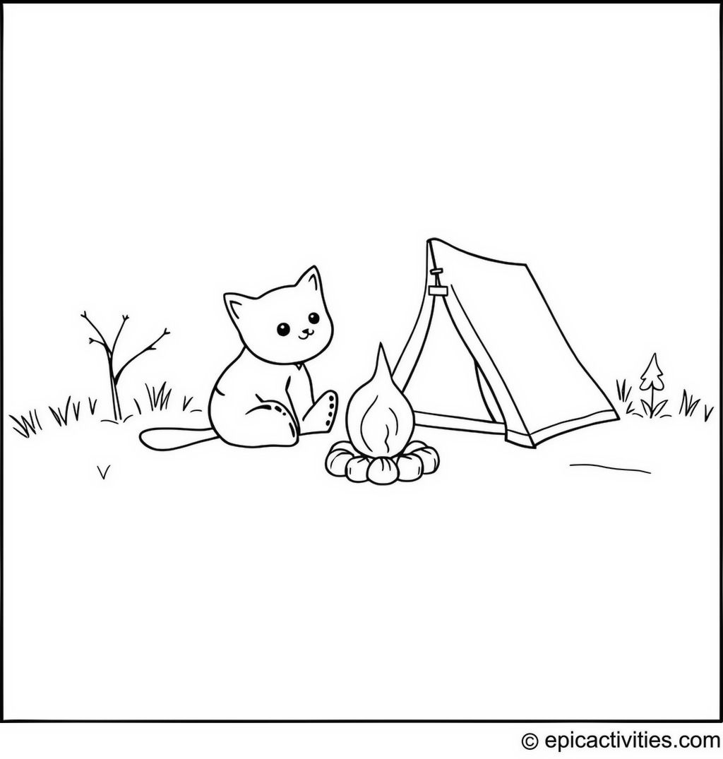 Coloring page of a Cute Cartoon Cat Camping