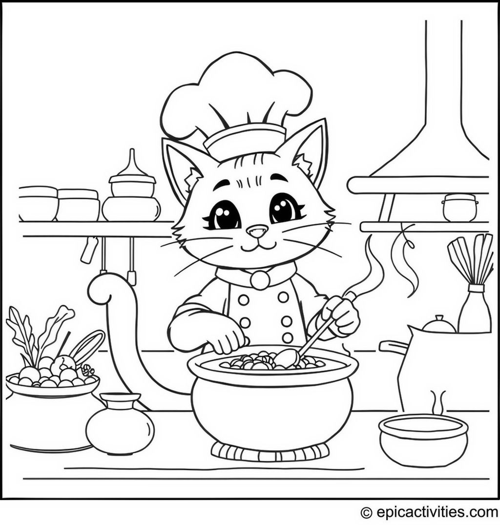 Coloring page of a cute cartoon cat chef cooking magical stew in a whimsical kitchen