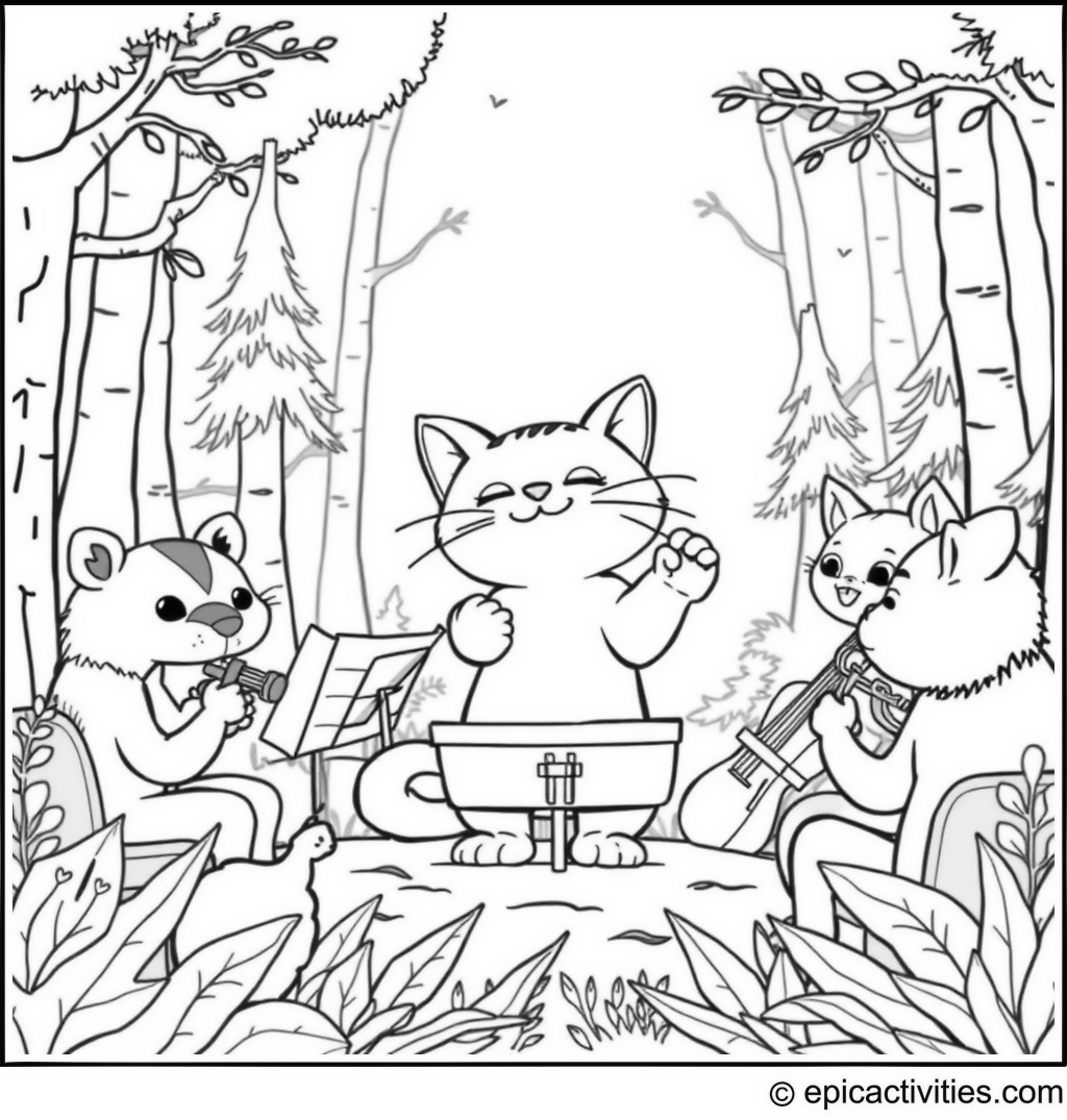 Coloring page of a Cute Cartoon Cat conducting an Animal Orchestra in a Forest