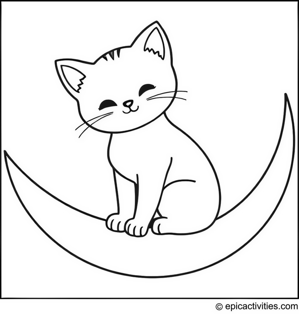 Coloring page of a Cute Cartoon Cat Daydreaming on a Crescent Moon