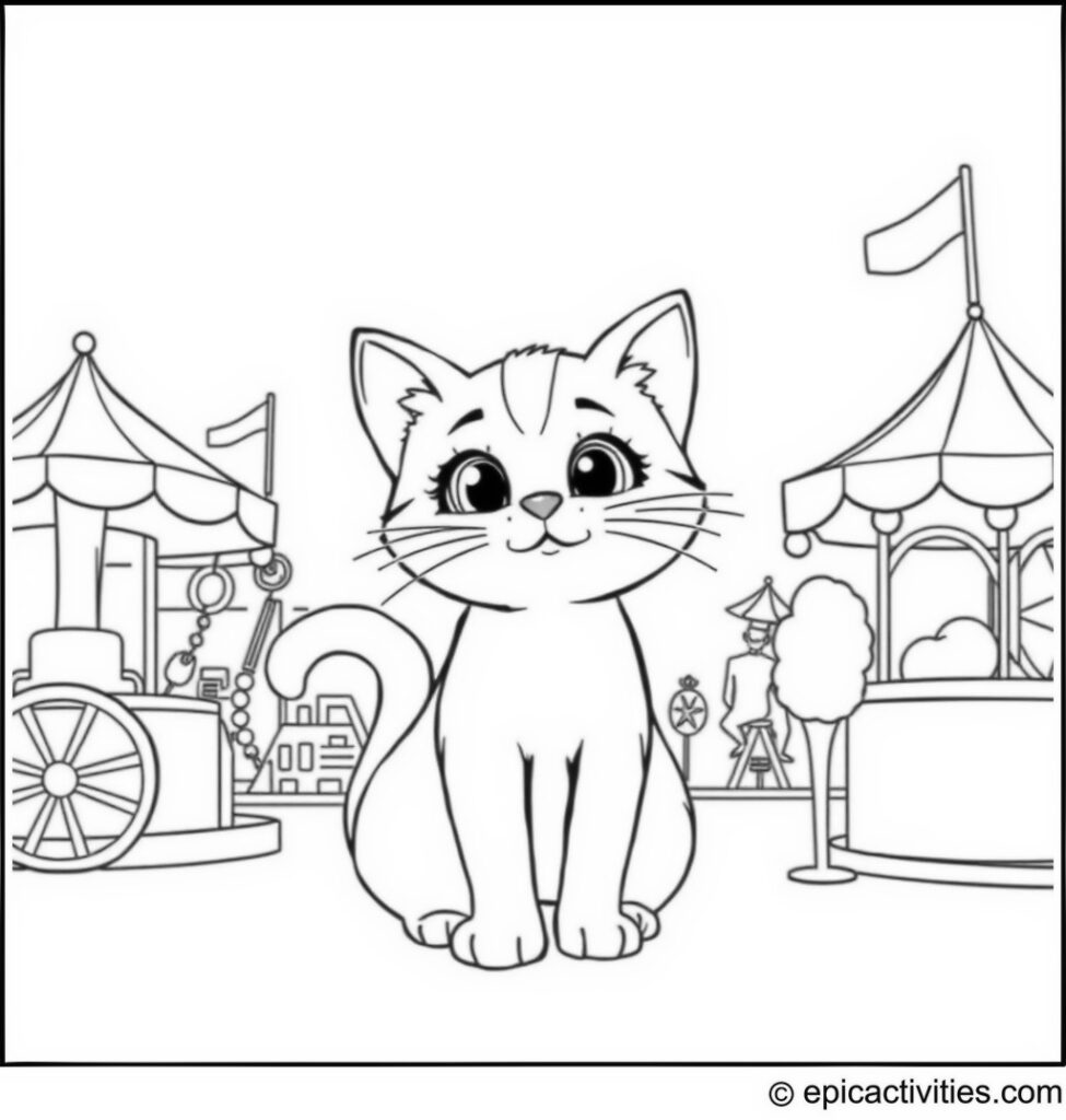Coloring page of a cute cartoon cat enjoying a carnival with rides, games, and cotton candy