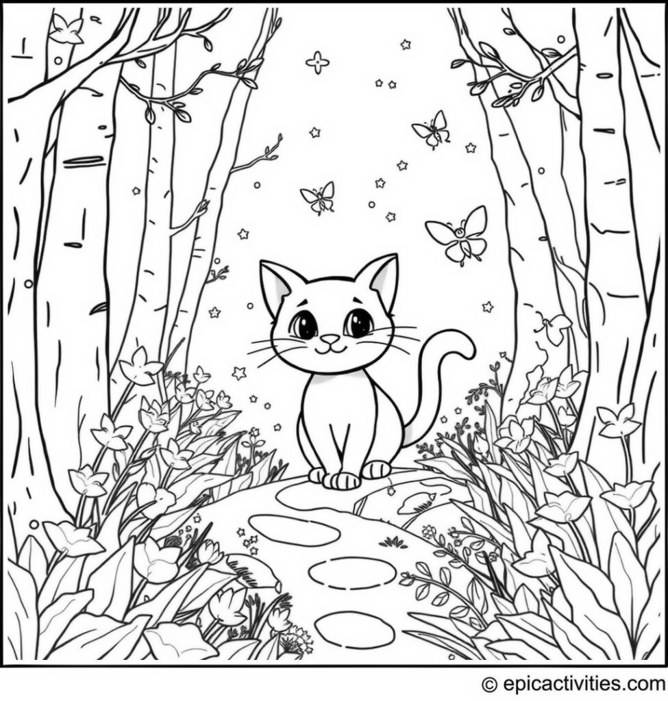 Coloring page of a cute cartoon cat exploring an enchanted forest with fairies and magic