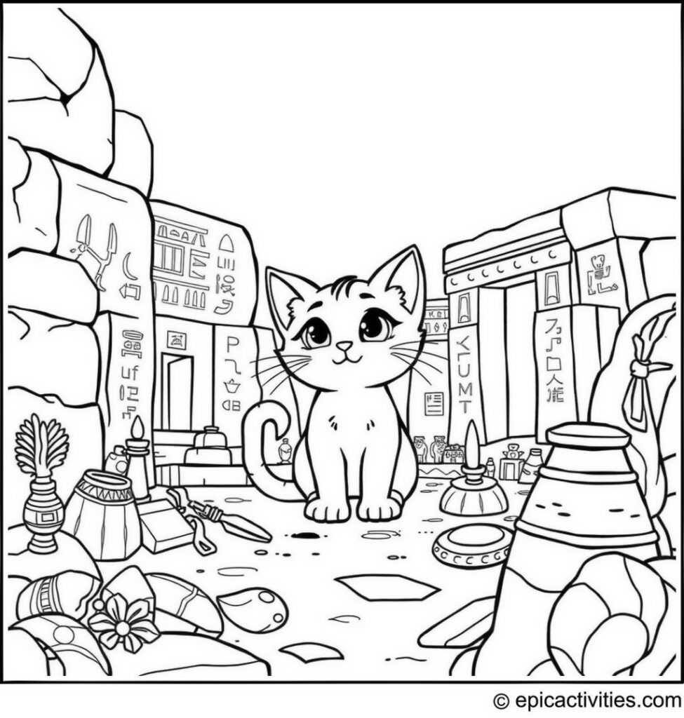 Coloring page of a cute cartoon cat exploring ancient ruins with hieroglyphs and artifacts
