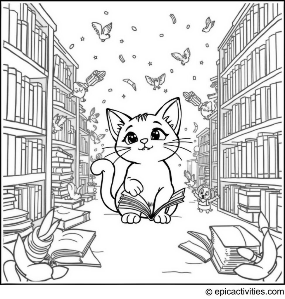 Coloring page of a cute cartoon cat exploring a magical library