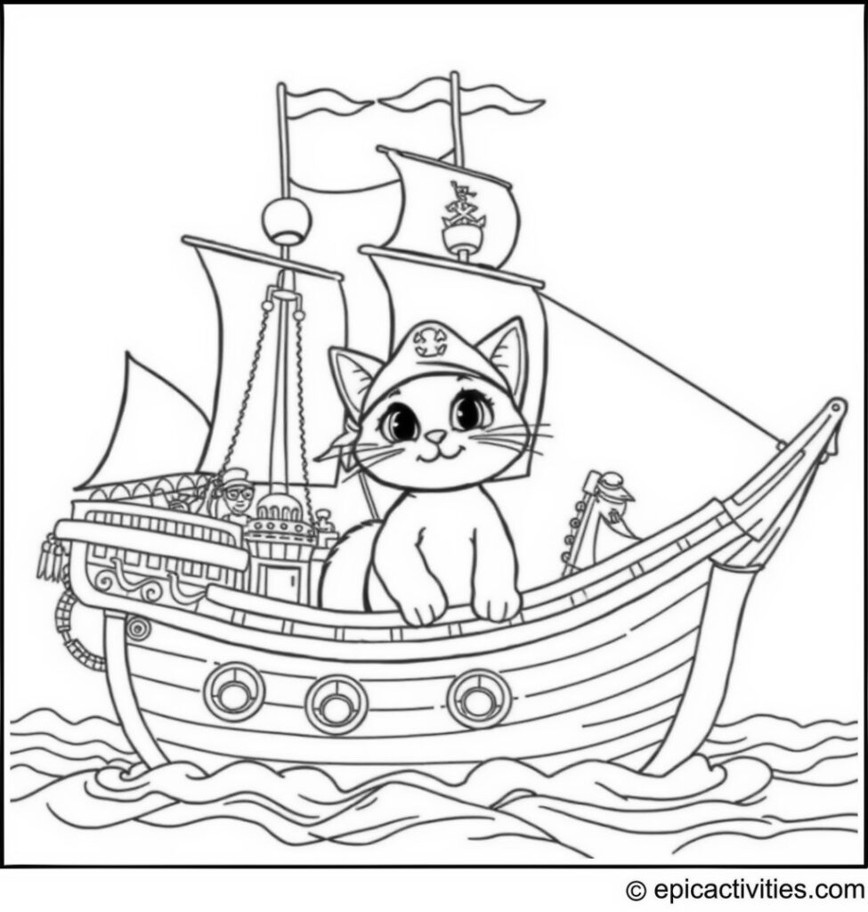 Coloring page of a cute cartoon cat exploring a detailed pirate ship with a full crew