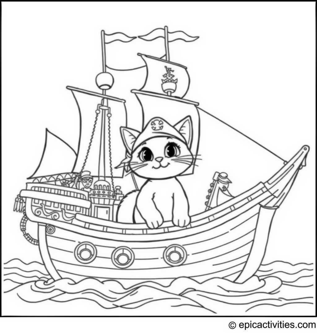 Coloring page of a cute cartoon cat exploring a detailed pirate ship with a full crew