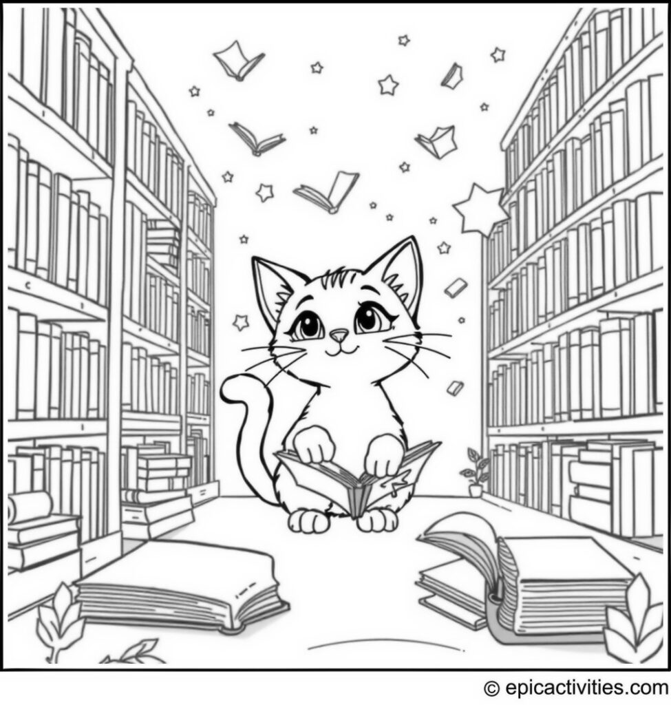 Coloring page of a Cute Cartoon Cat Exploring a Magical Library with Floating Books