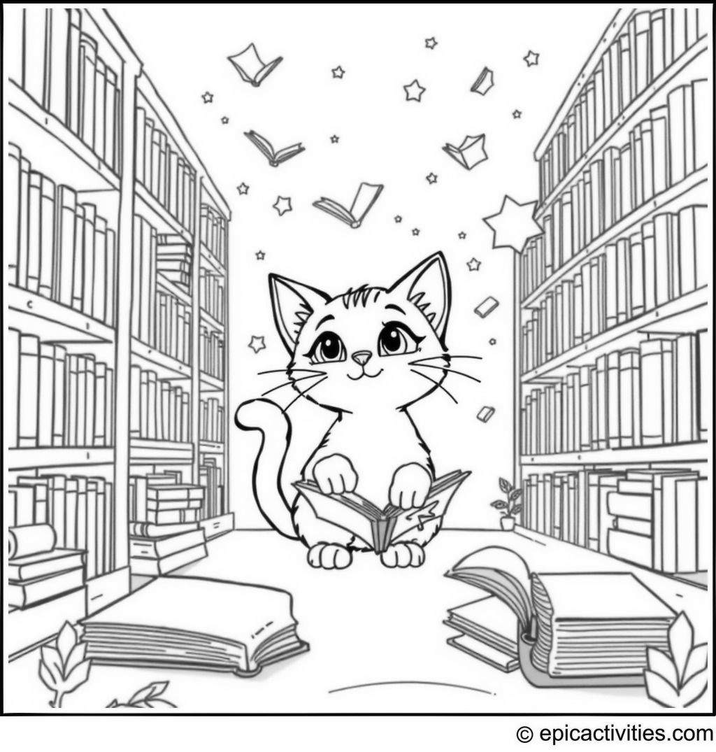 Coloring page of a Cute Cartoon Cat Exploring a Magical Library with Floating Books