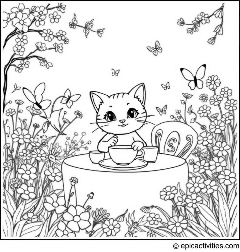 Coloring page of a Cute Cartoon Cat Having a Tea Party in a Detailed Garden with Fairies and Flowers