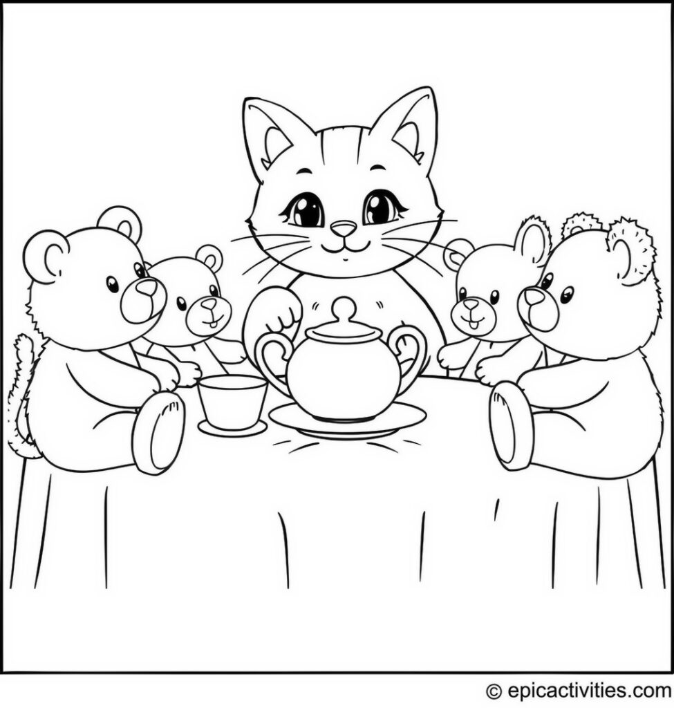 Coloring page of a Cute Cartoon Cat Hosting a Tea Party with Stuffed Animal Guests