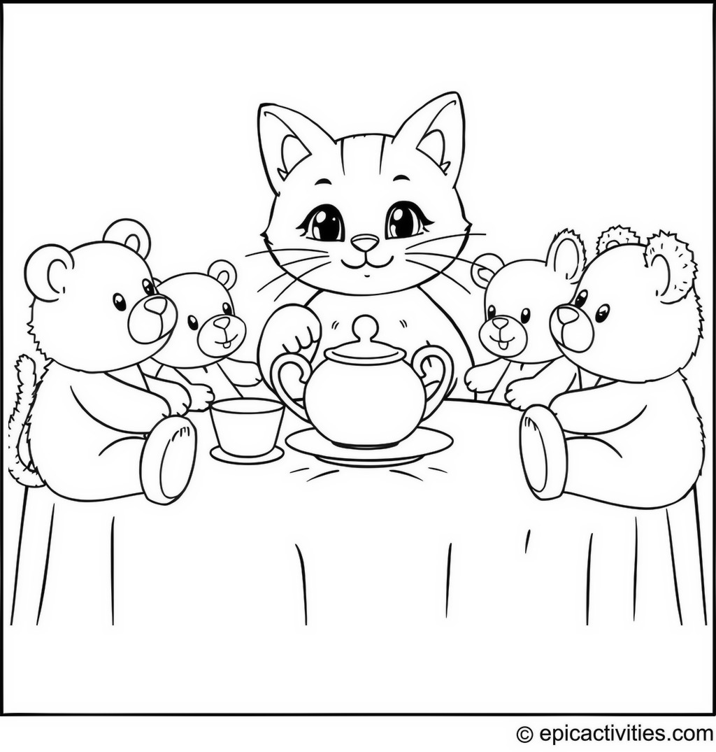 Coloring page of a Cute Cartoon Cat Hosting a Tea Party with Stuffed Animal Guests