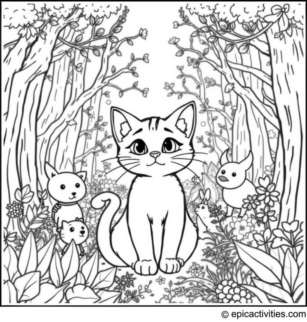 Coloring page of a cute cartoon cat in a detailed fantasy forest with talking animals
