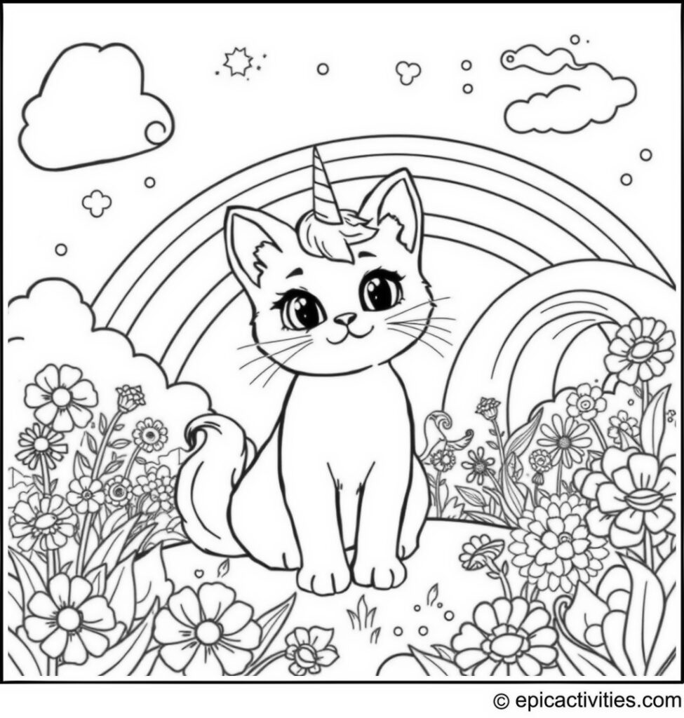 Coloring page of a cute cartoon cat in a detailed unicorn and rainbow fantasy land