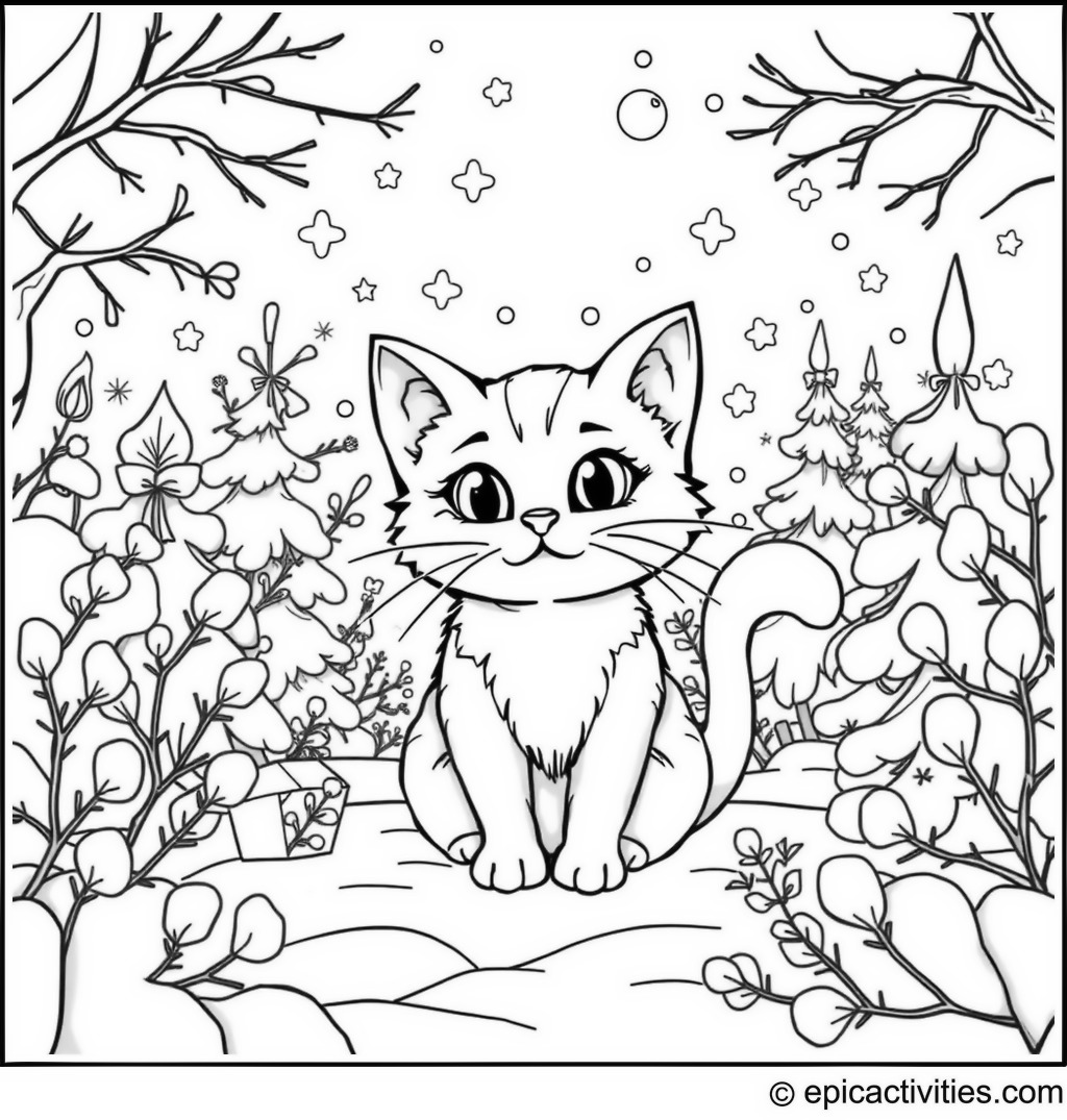 Coloring page of a Cute Cartoon Cat in a Magical Winter Wonderland