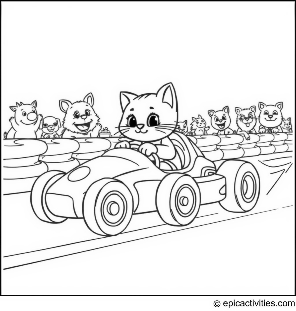 Coloring page of a cute cartoon cat in a race car on a racetrack with cheering animals