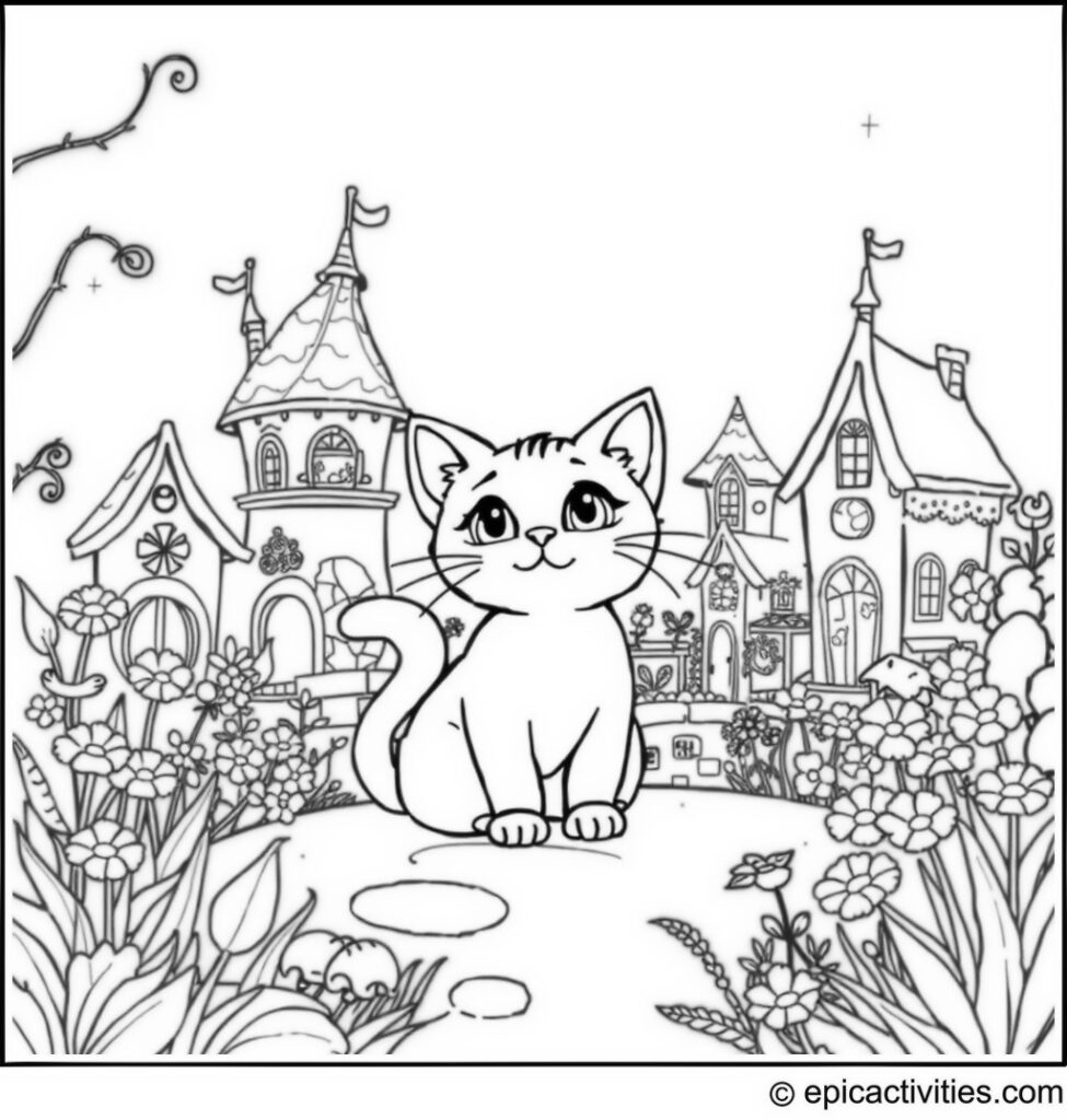 Coloring page of a cute cartoon cat in a whimsical fairyland with detailed fairy houses