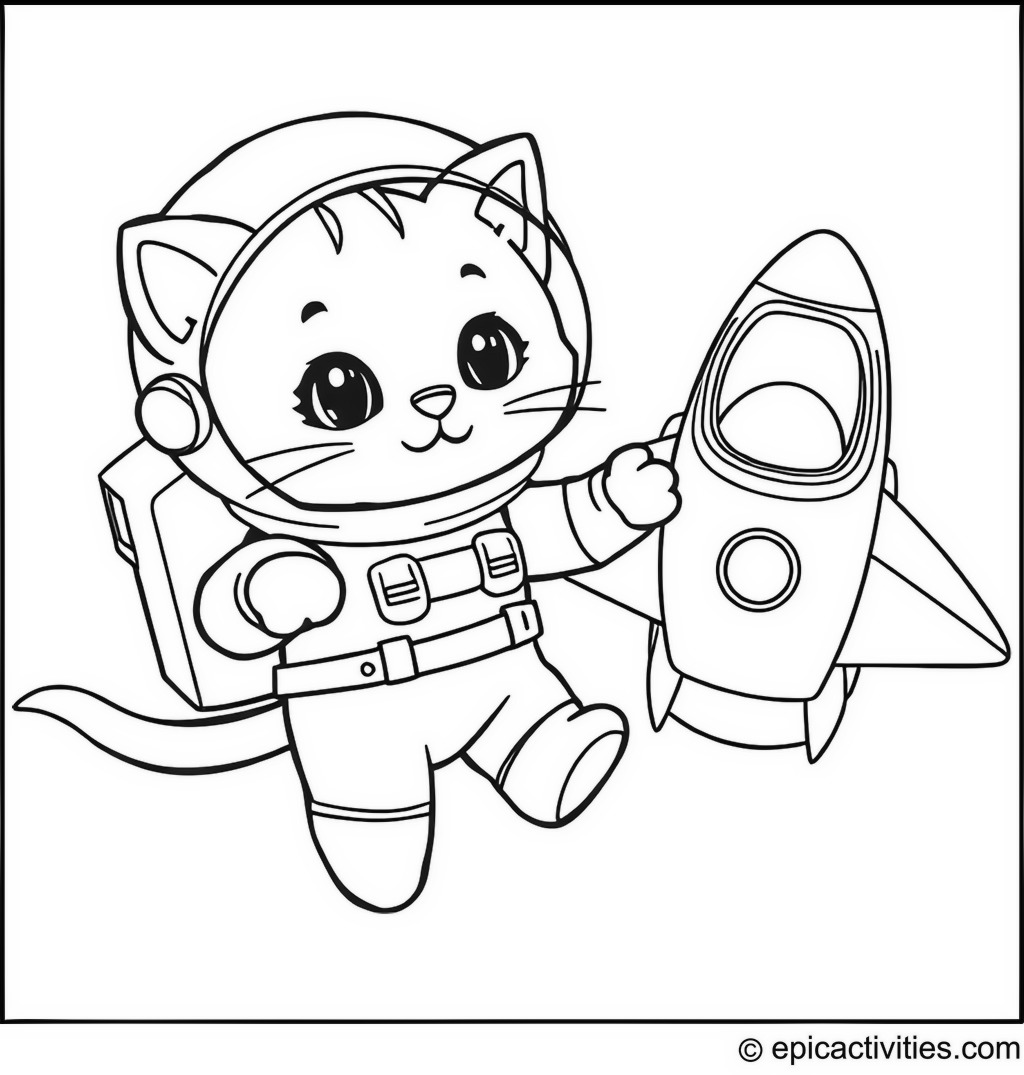 Coloring page of a Cute Cartoon Cat in an Astronaut Suit Floating in Space