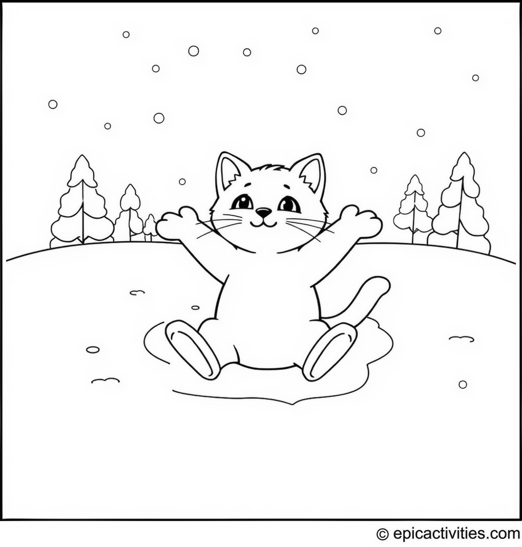 Coloring page of a cute cartoon cat making snow angels in a winter wonderland