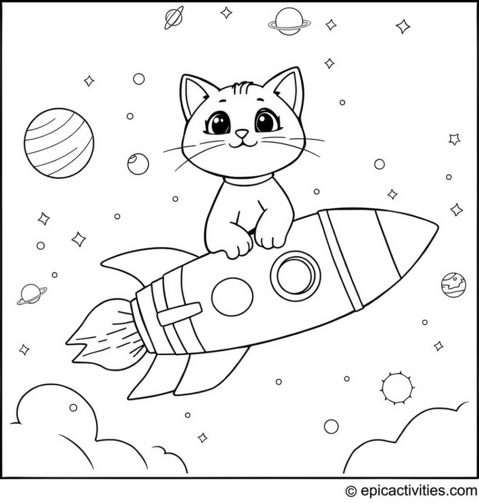 Coloring page of a cute cartoon cat on a rocket ship exploring outer space with planets and stars