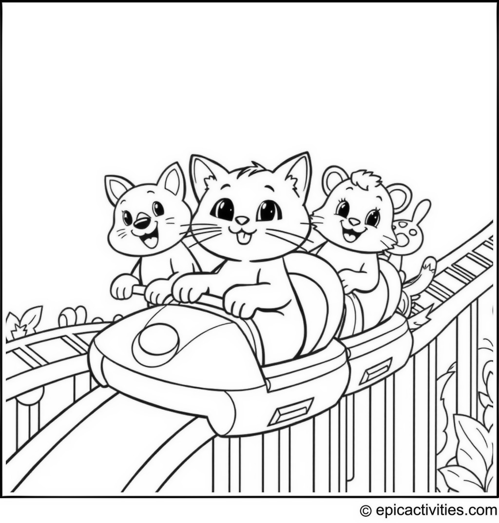 Coloring page of a Cute Cartoon Cat on a Roller Coaster Ride with Other Cute Animal Friends