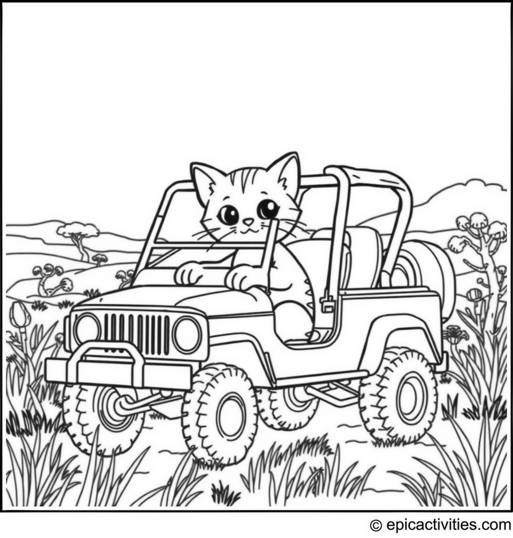 Coloring page of a Cute Cartoon Cat on a Safari Jeep Tour Adventure