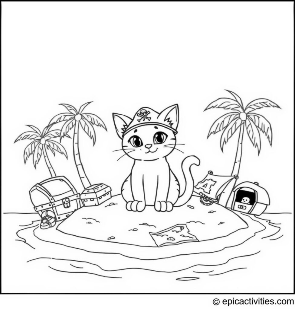 Coloring page of a Cute Cartoon Cat on a Treasure Island Adventure