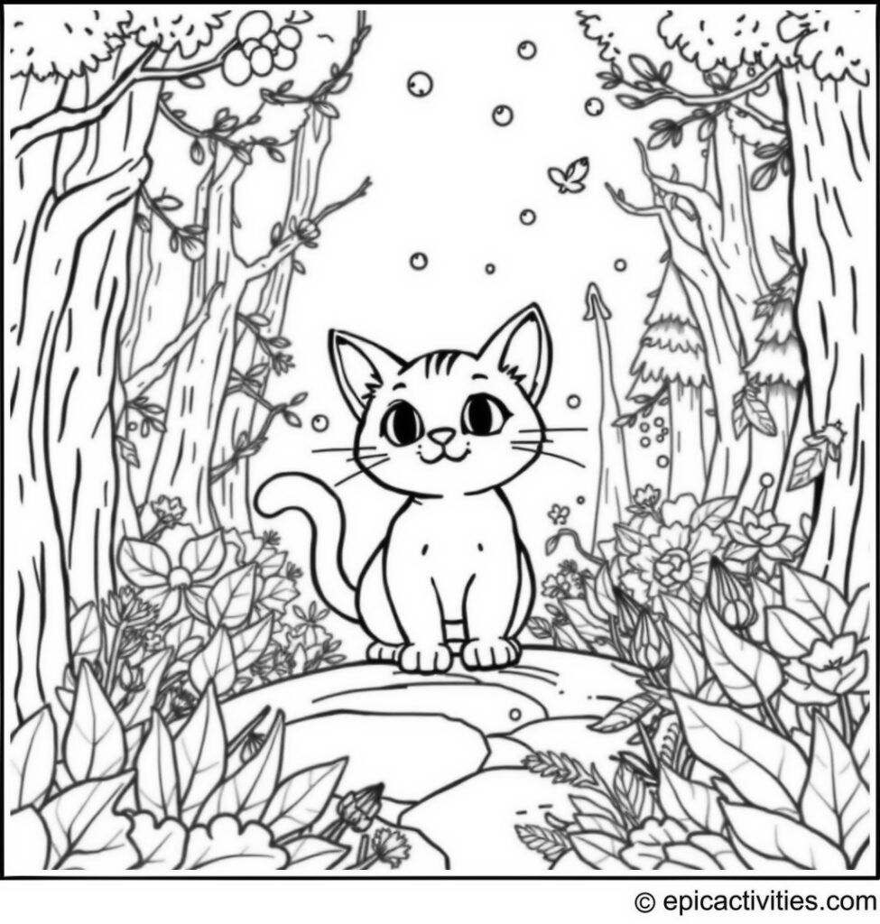 Coloring page of a Cute Cartoon Cat on an Adventure in an Enchanted Forest