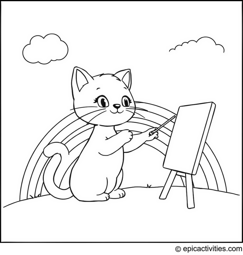 Coloring page of a Cute Cartoon Cat Painting a Colorful Rainbow in the Sky