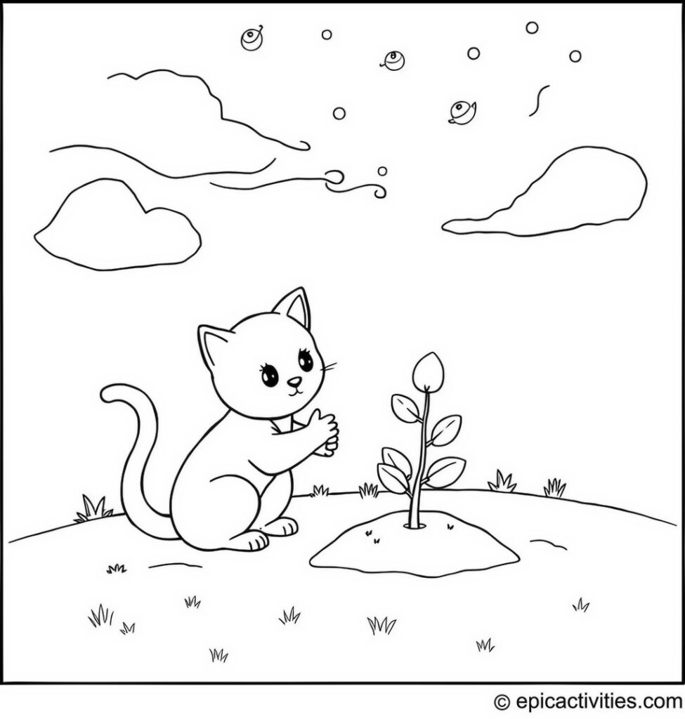 Coloring page of a cute cartoon cat planting a tiny tree under a whimsical sky
