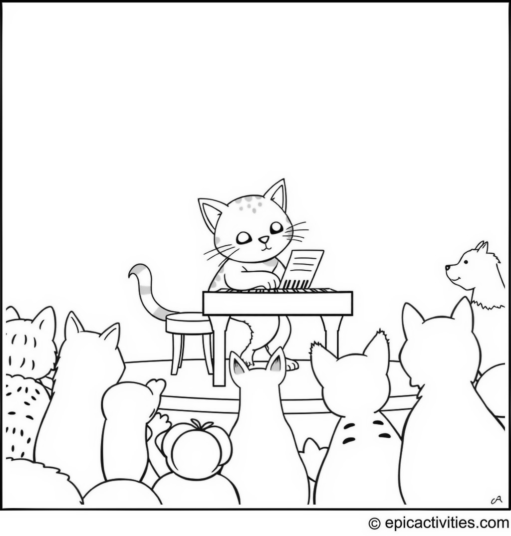 Coloring page of a Cute Cartoon Cat Playing a Tiny Piano on Stage