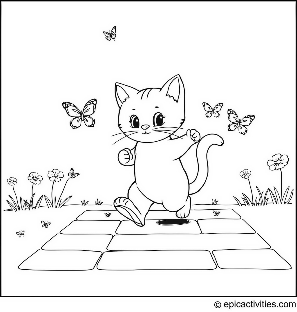Coloring page of a cute cartoon cat playing hopscotch with butterflies