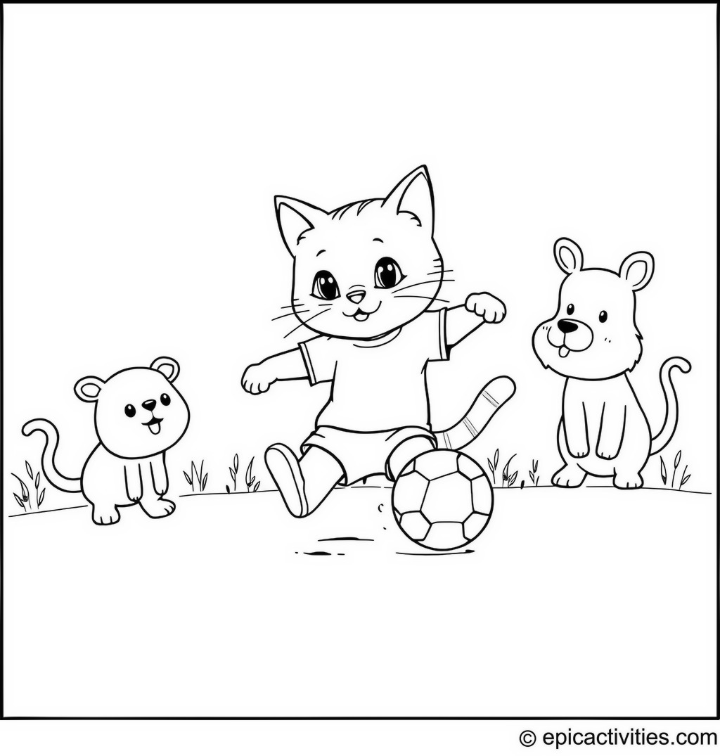 Coloring page of a cute cartoon cat playing soccer with other animals