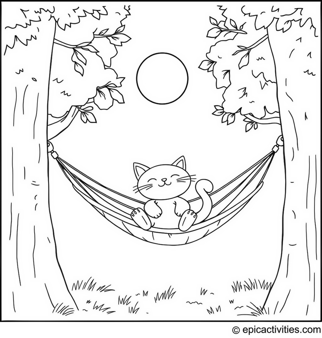 Coloring page of a cute cartoon cat relaxing in a hammock under the sun
