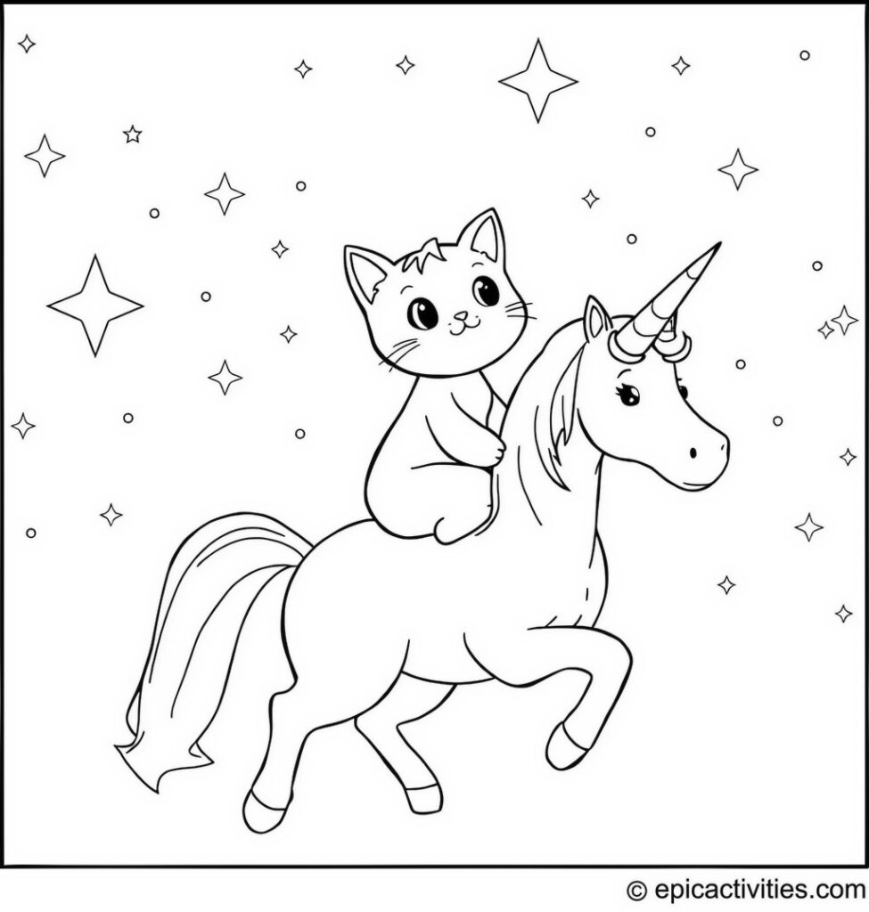 Coloring page of a cute cartoon cat riding a unicorn through a starlit sky