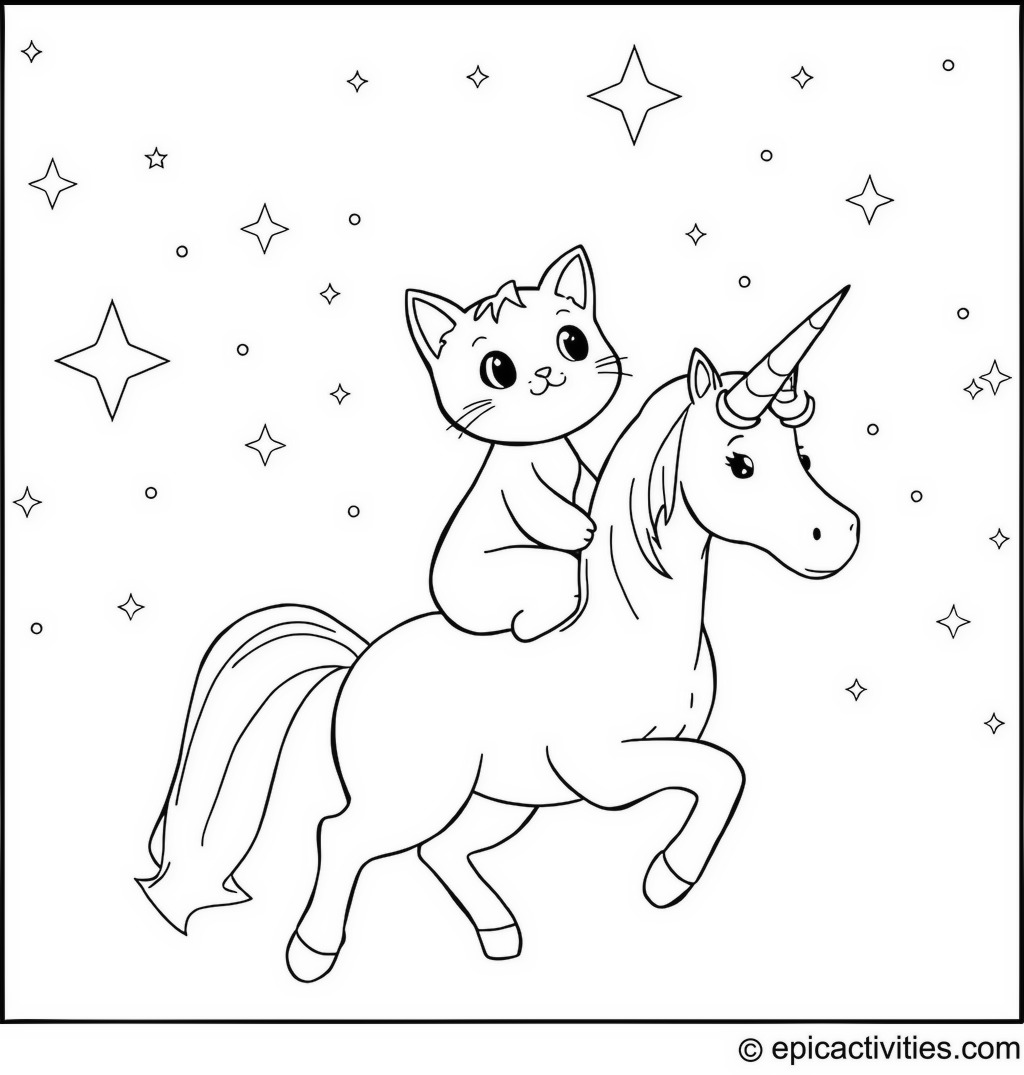 Coloring page of a cute cartoon cat riding a unicorn through a starlit sky