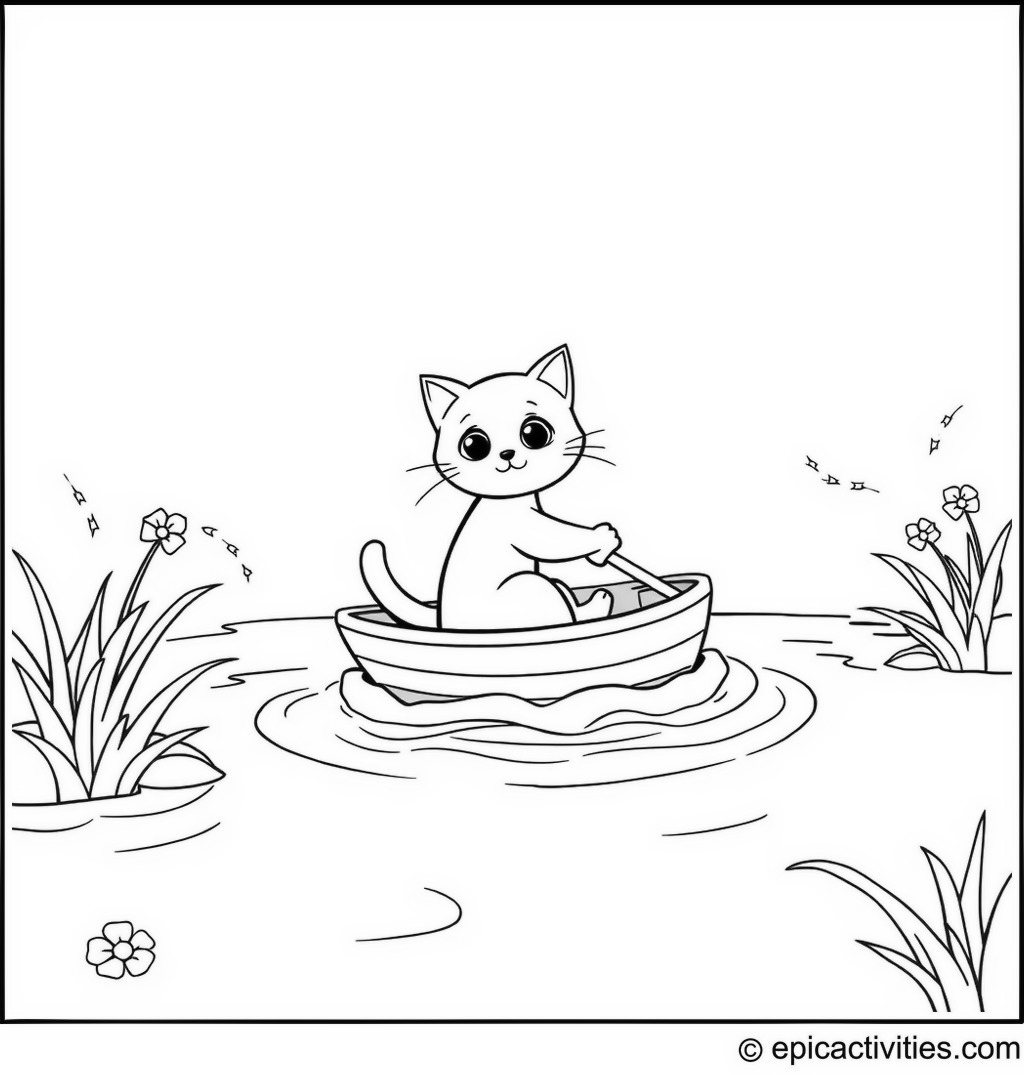 Coloring page of a cute cartoon cat sailing a small boat on a magical river
