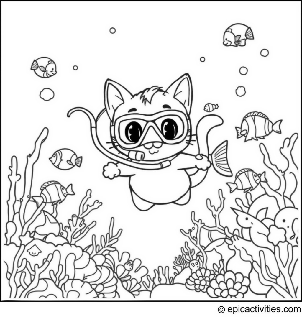 Coloring page of a cute cartoon cat scuba diving with colorful fish in an underwater world