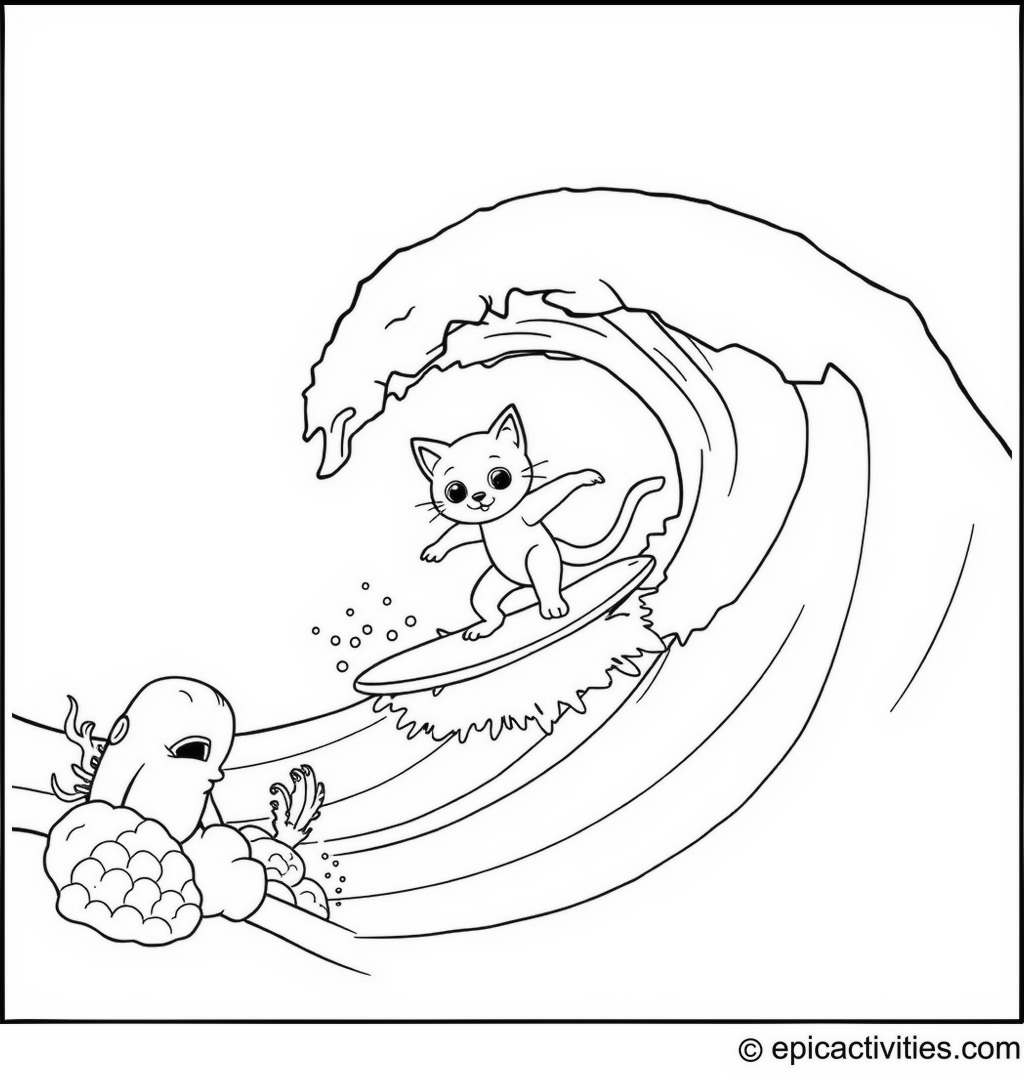 Coloring page of a Cute Cartoon Cat Surfing a Giant Wave with Sea Creatures Watching