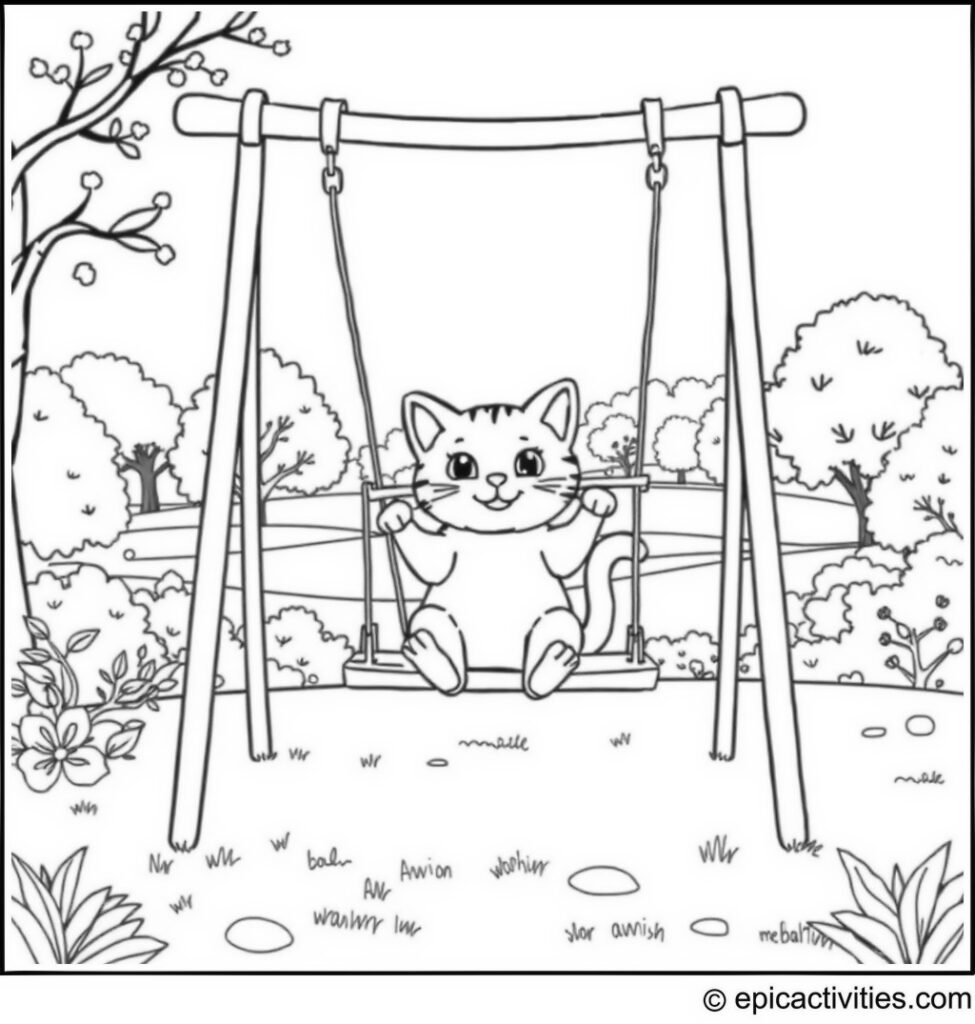 Coloring page of a Cute Cartoon Cat Swinging on a Swing Set in a Picturesque Park
