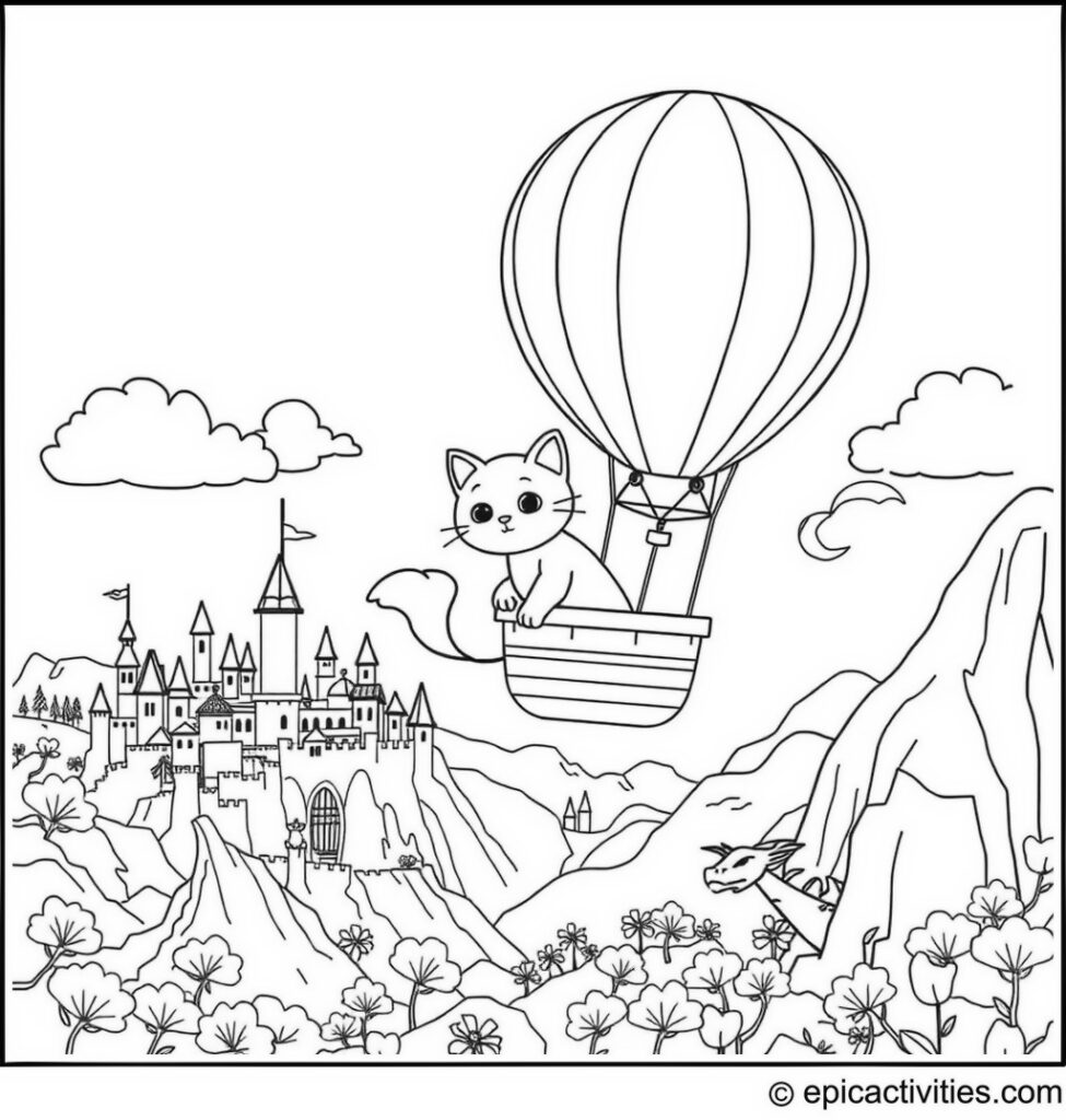 Coloring page of a cute cartoon cat traveling in a hot air balloon above a fantasy landscape with castles and dragons