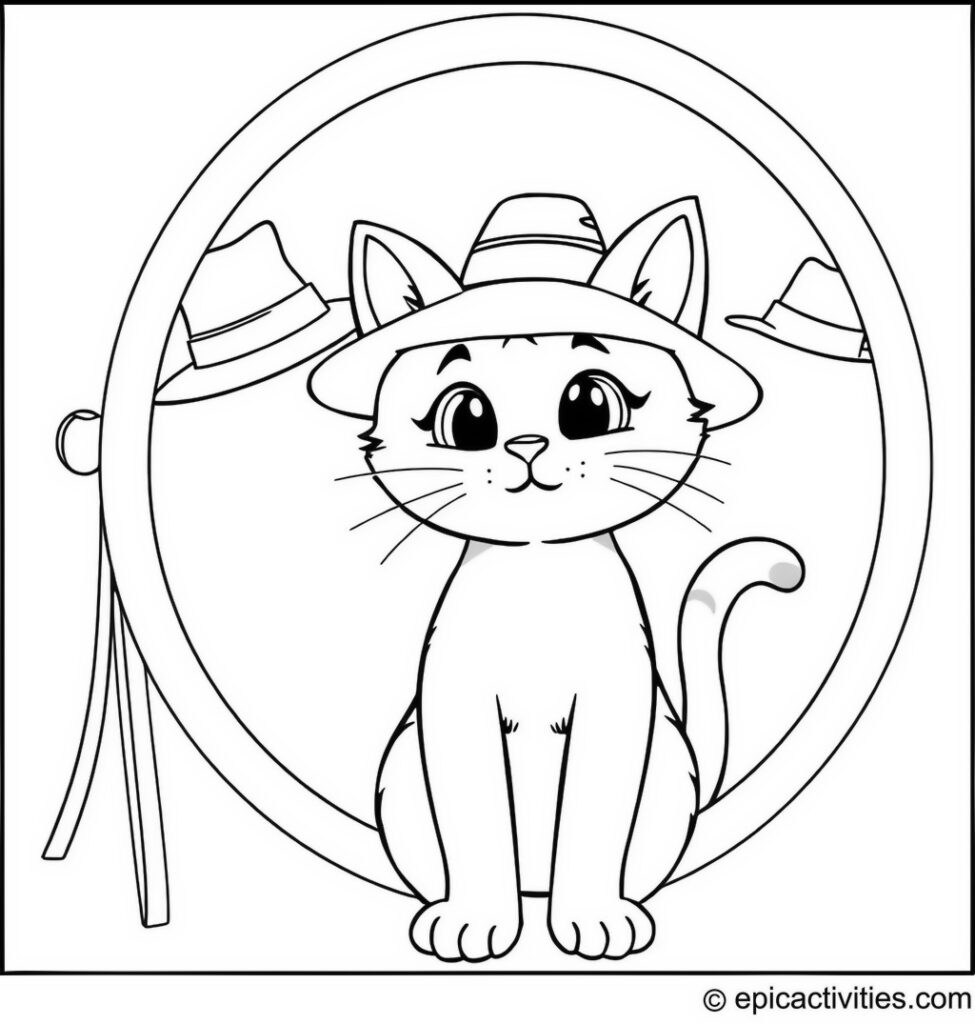 Coloring page of a cute cartoon cat trying on different hats