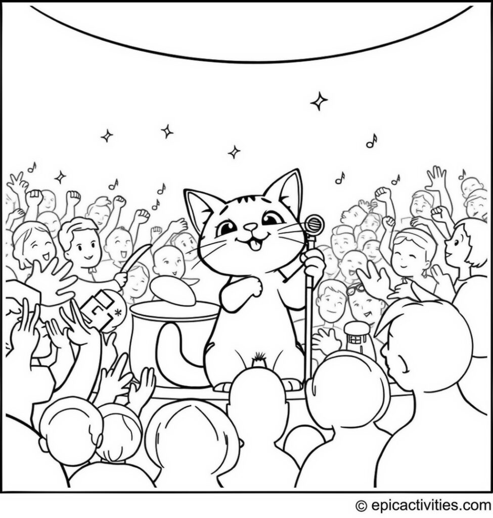 Coloring page of a Cute Cartoon Cat's Musical Concert