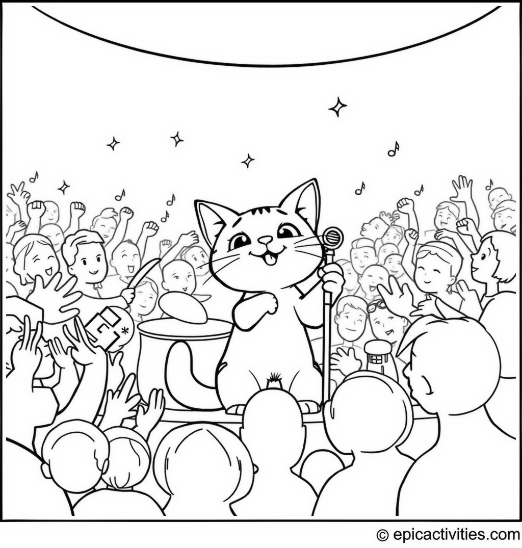 Coloring page of a Cute Cartoon Cat’s Musical Concert