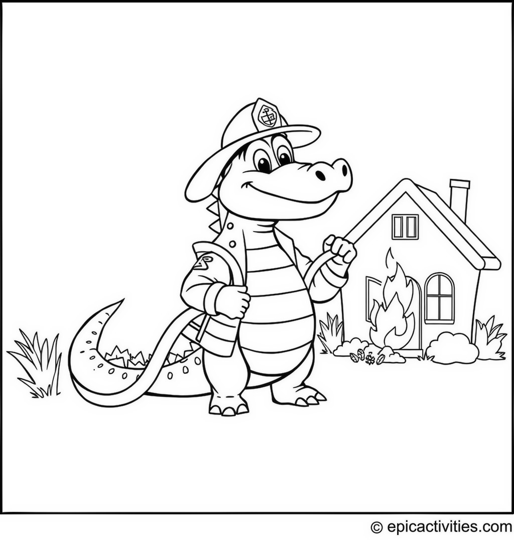 Coloring page of a cute cartoon crocodile as a firefighter