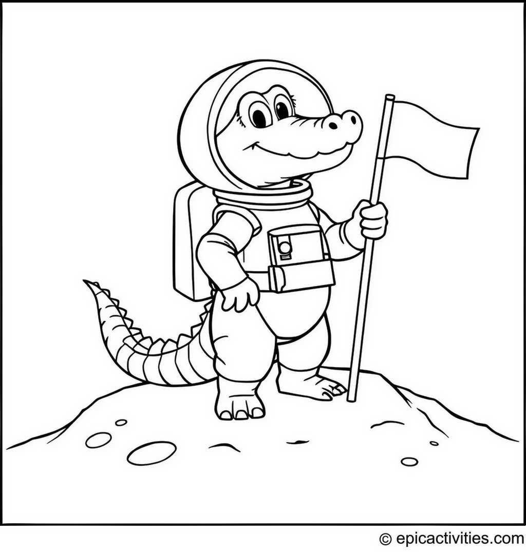 Coloring page of a cute cartoon crocodile astronaut on the moon
