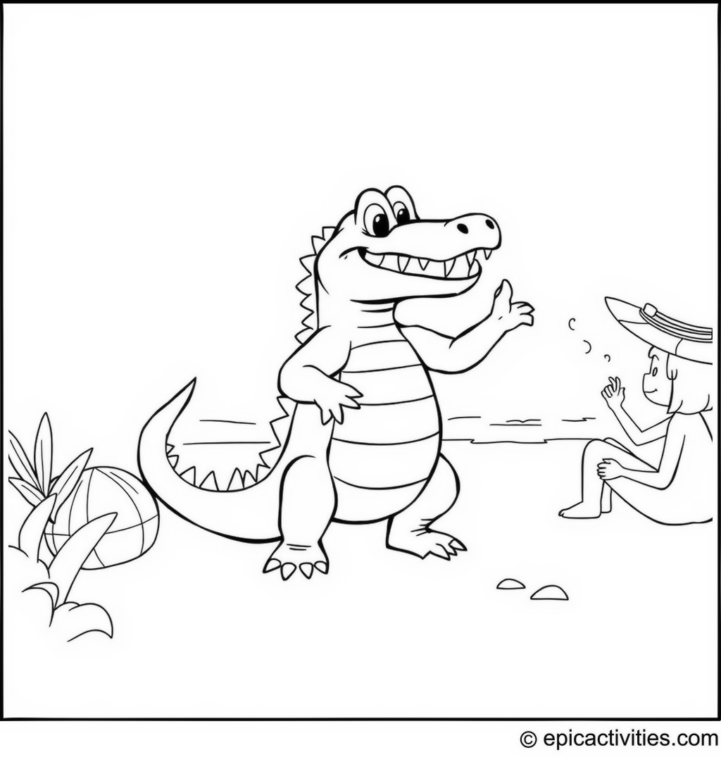 Coloring page of a Cute Cartoon Crocodile at a Beach Party