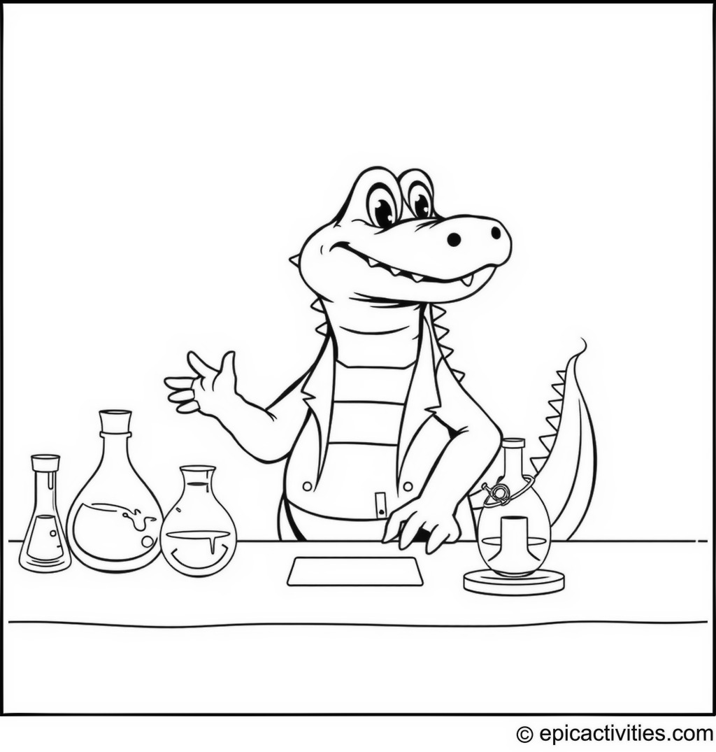 Coloring page of a cute cartoon crocodile at a science fair